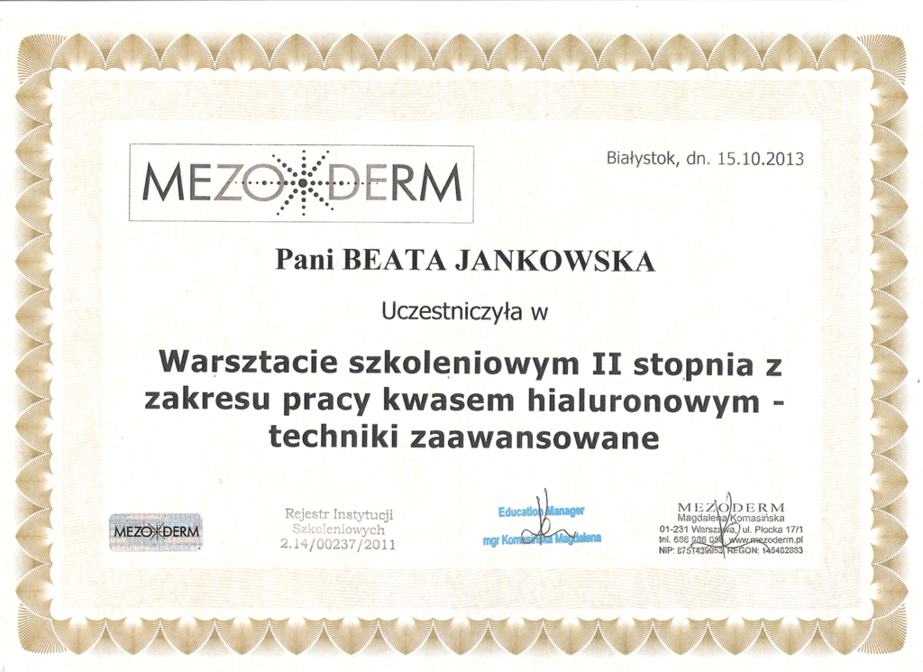 certyfikat Beata Jankowska Mezoderm kwas hialuronowy szkolenie zaawansowane