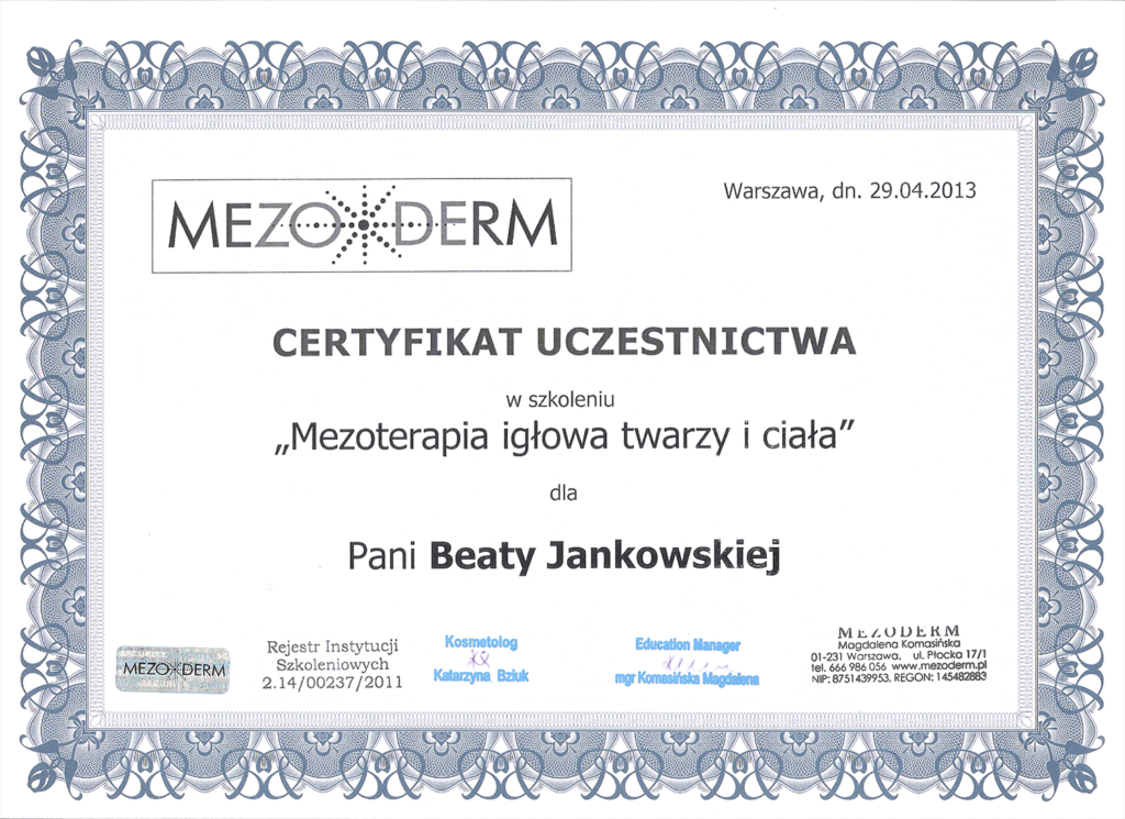 certyfikat Beata Jankowska Mezoderm mezoterapia iglowa twarzy i caial
