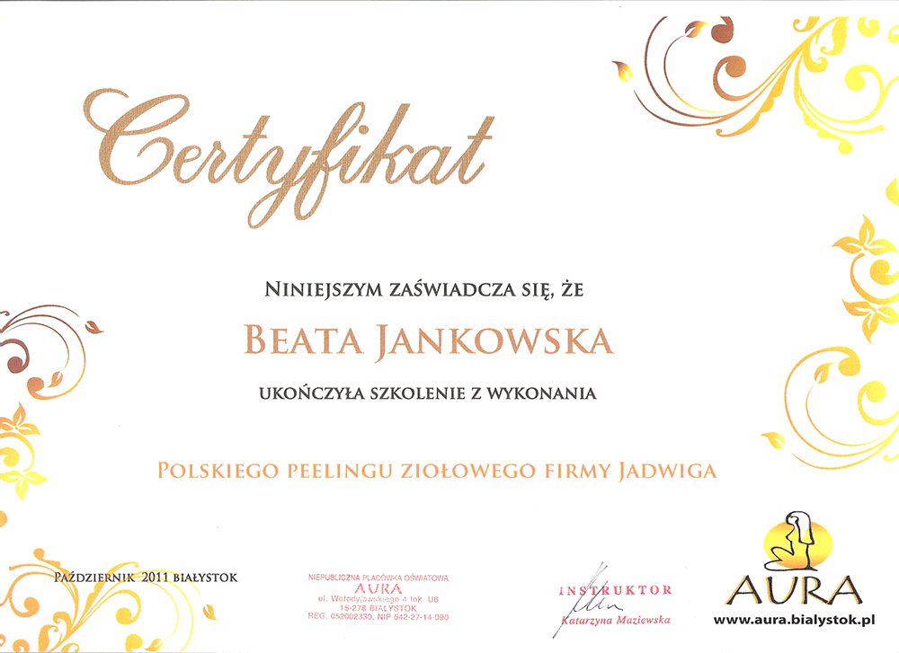 certyfikat Beata Jankowska peelink ziolowy