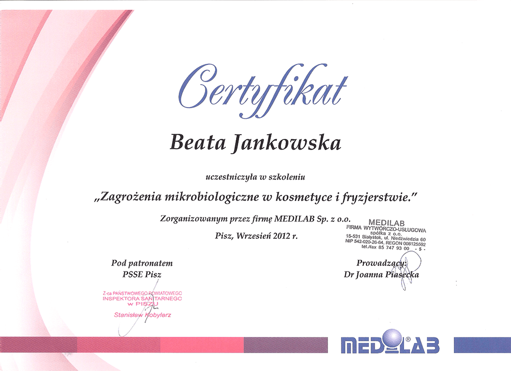 certyfikat Beata Jankowska zagrozenia mikrobiologiczne sterylizacja w kosmetyce i fryzierstwie medilab szkolenie