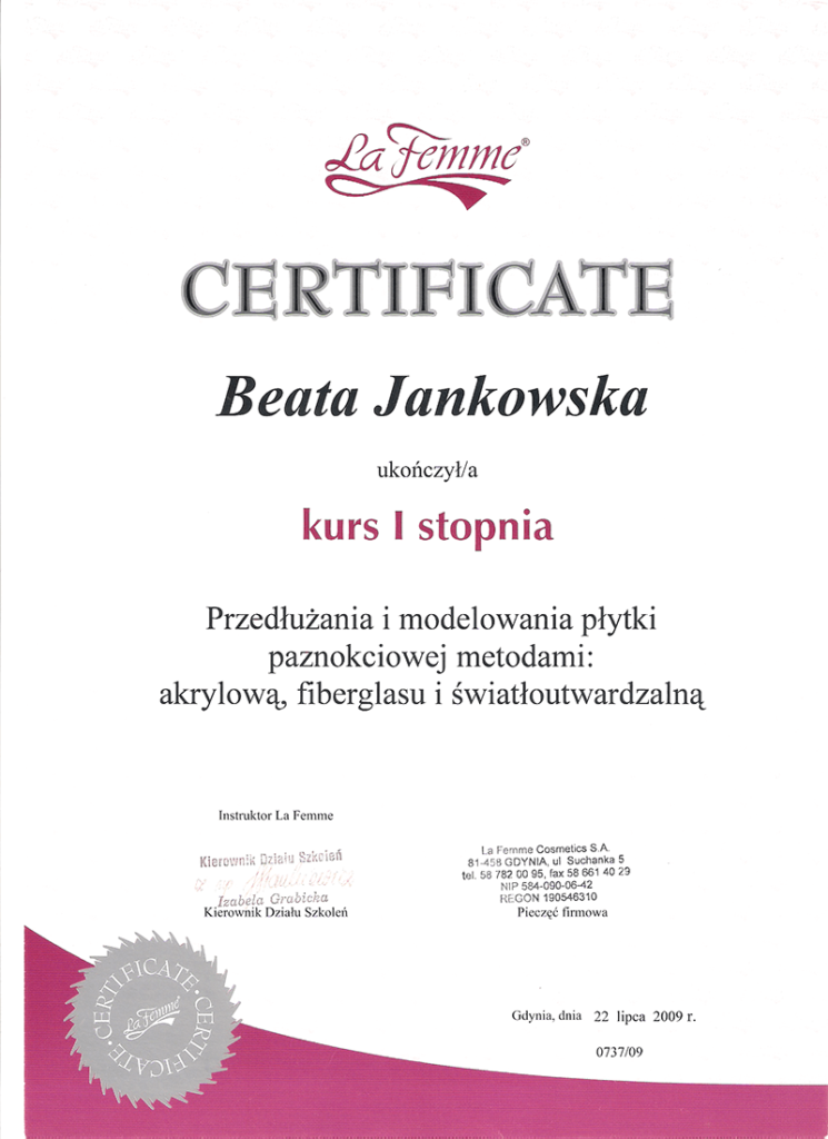 certyfikat dla Beata Jankowska przedluzanie i modelowanie plytki paznokciowej la femme