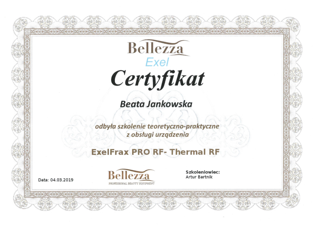 certyfikat dla Beata Jankowska szkolenie obsluga exelfrax pro rf thermal rf